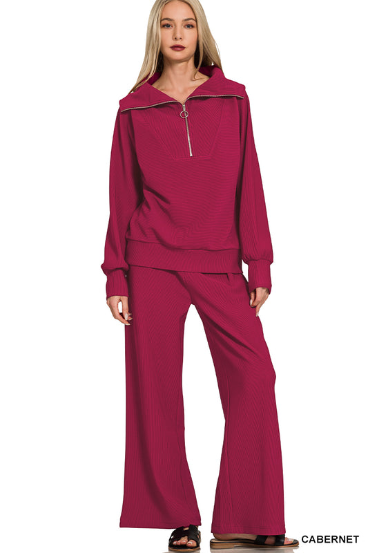 Women’s Ribbed Cabernet Half Zip Pants Set