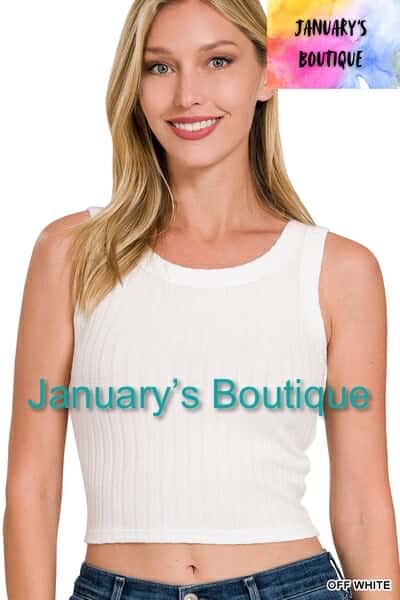 Women's Off White Ribbed Cropped Sleeveless Top