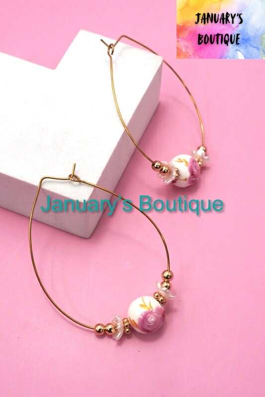 Pink & White Toile Teardrop Earrings