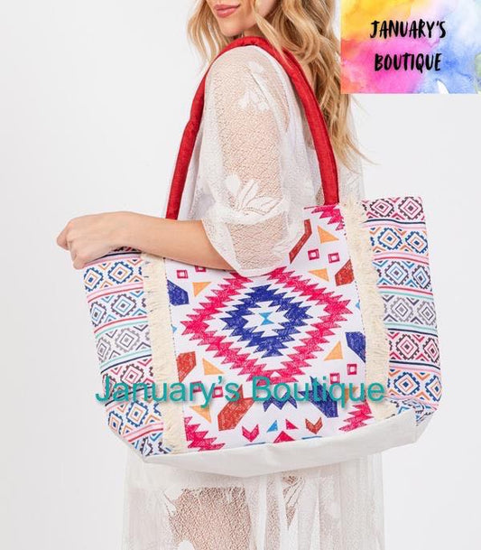 BOHO Red With Multi Print Colored Tote
