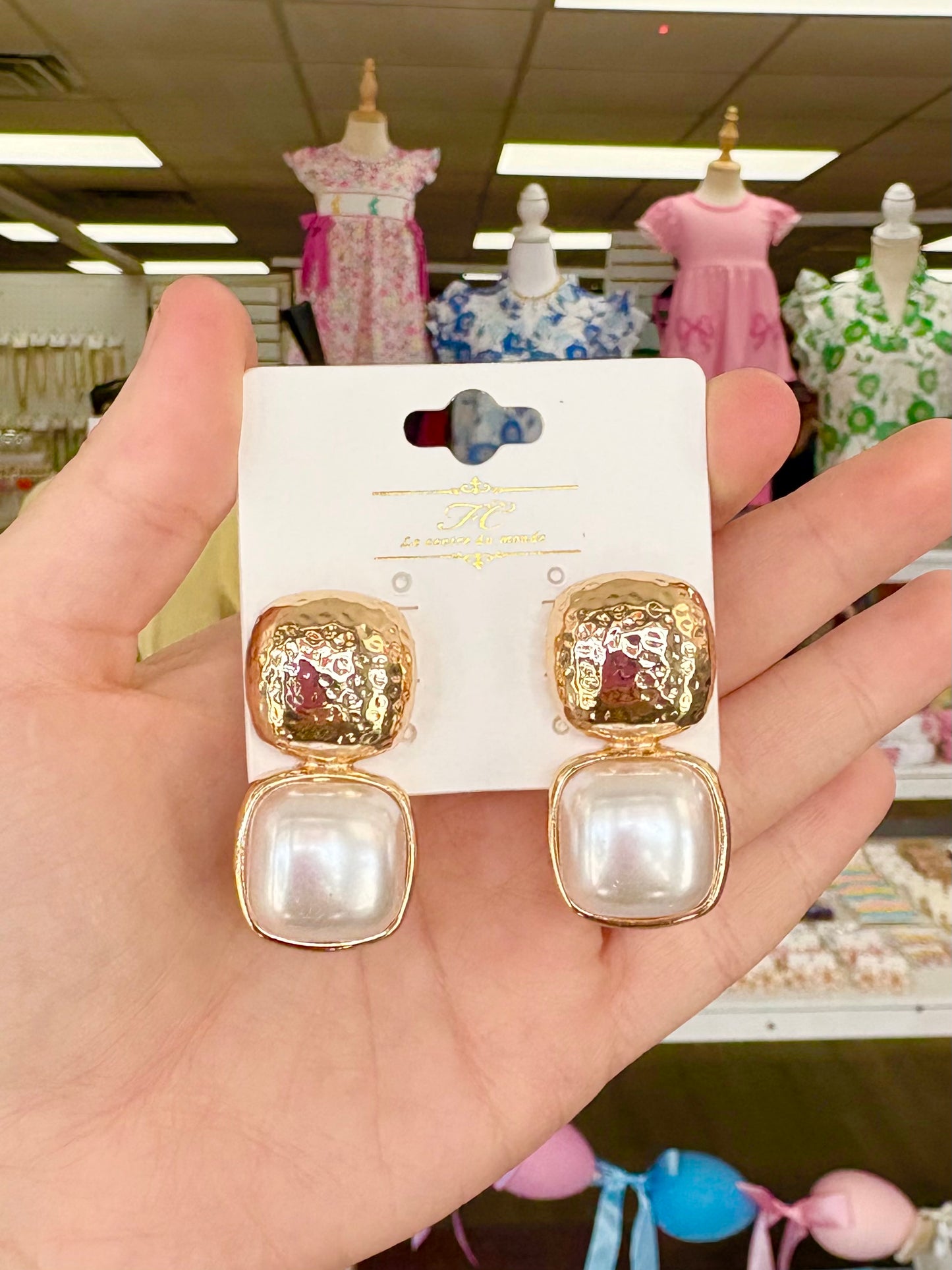 Textured Gold Square Pearl Earrings