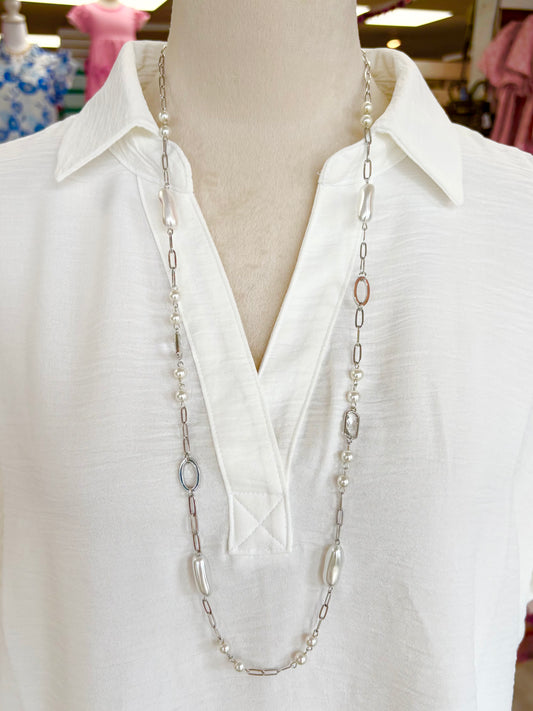 KK Silver Pearl & Crystal Long Necklace