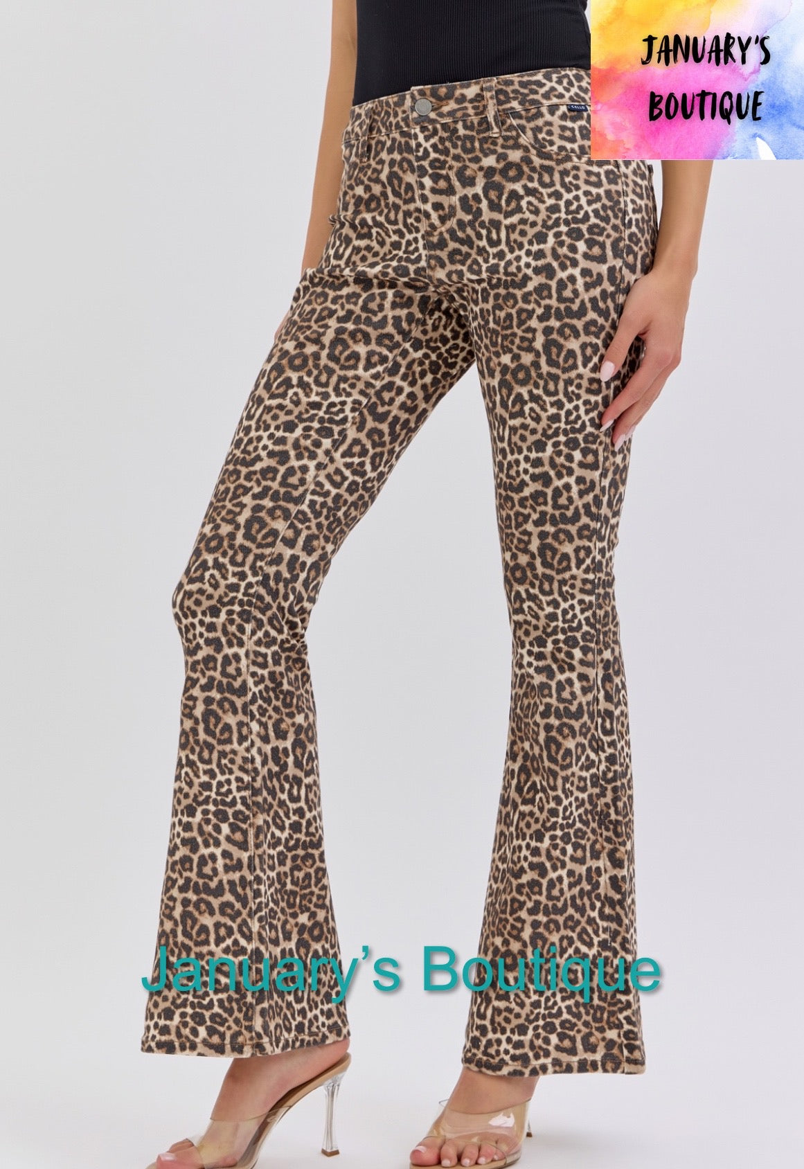 Cello Leopard Mid Rise Flare Jeans