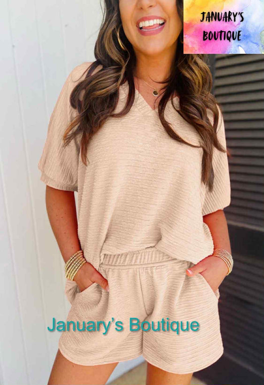 Women's Apricot Textured V Neck Shorts Set