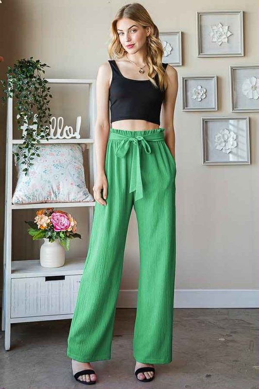 Women's Green Solid Paperbag Waist Pants