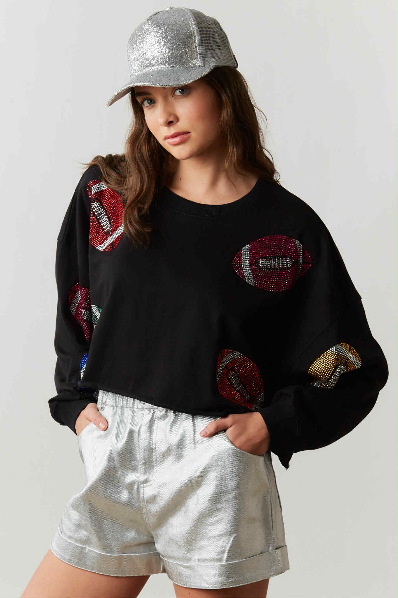 Women's Black Sparkly Football Peach Love Crop Top