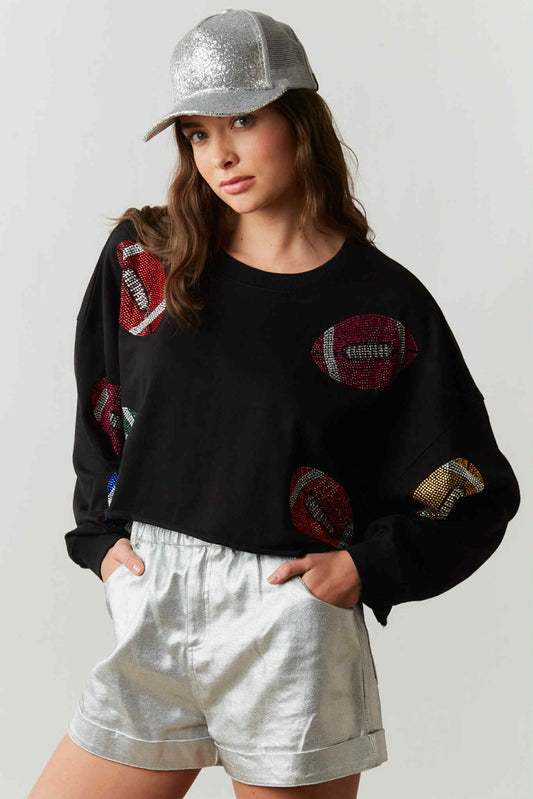 Women's Black Sparkly Football Peach Love Crop Top