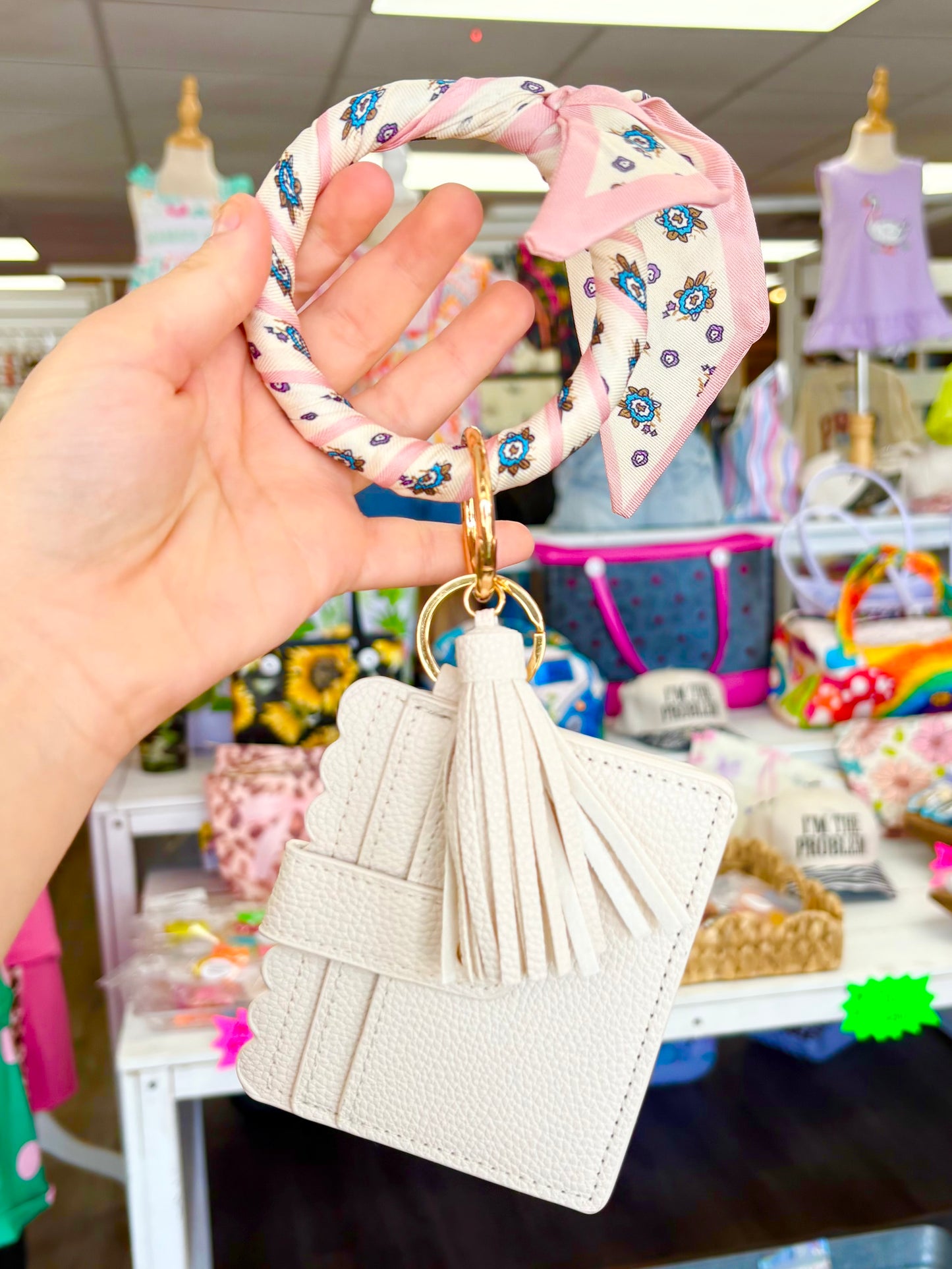 KK Cream/Pink Scarf Wristlet Keychain