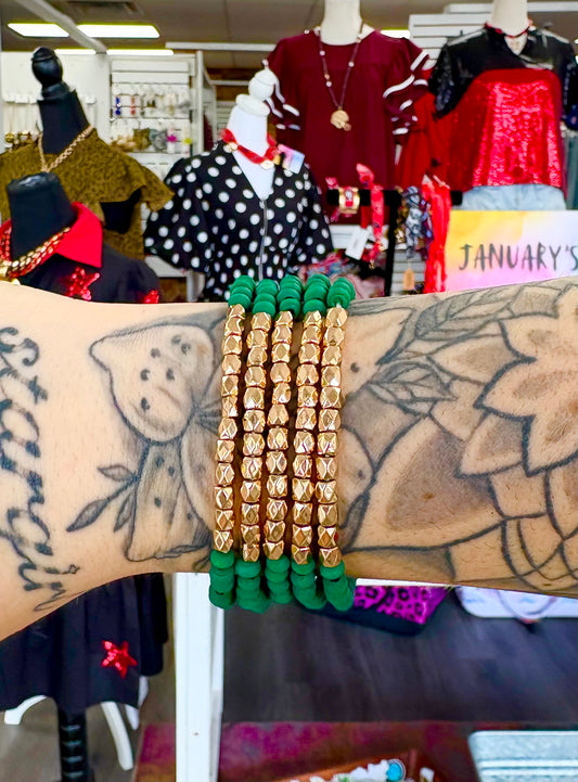 Wooden Green/Gold Beaded Bracelet Set