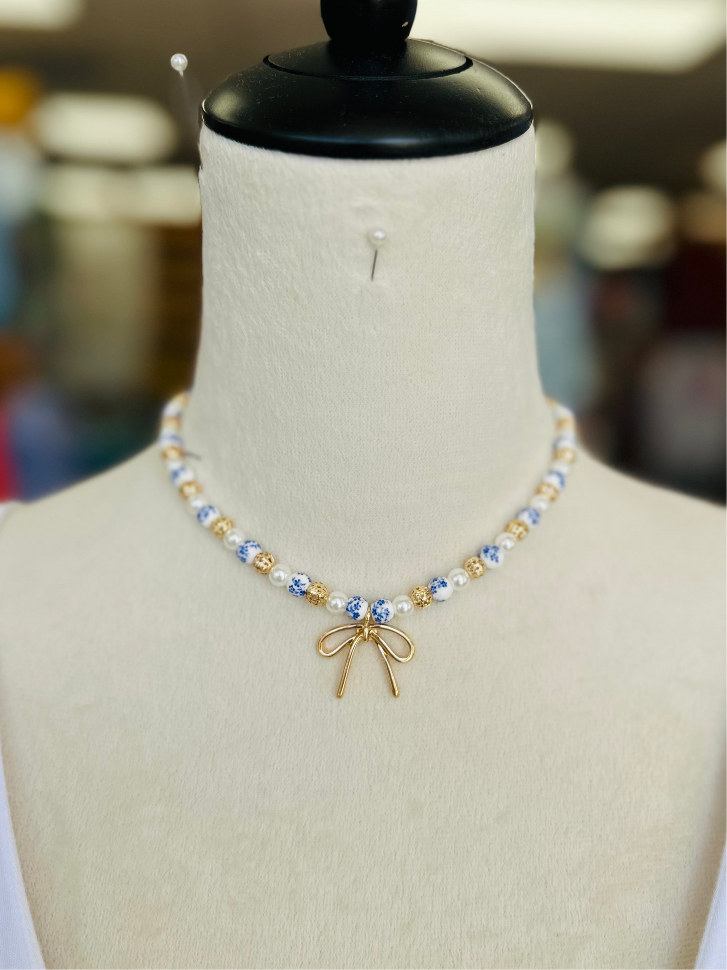 KK Gold/Pearl Blue Floral Necklace