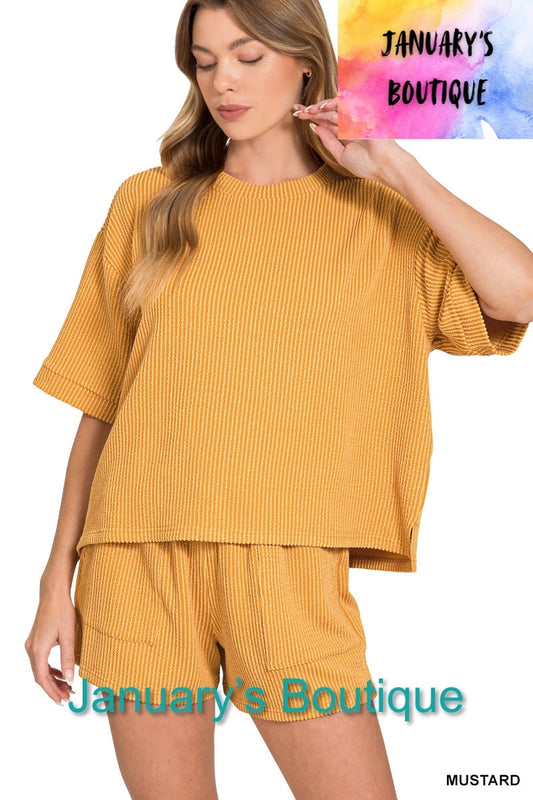Women’s Ribbed Mustard Shorts Set