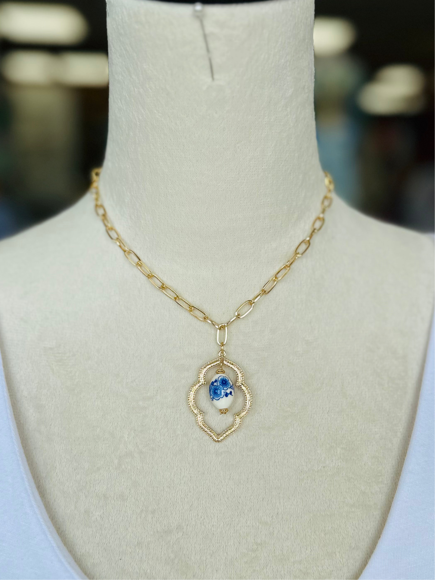 Gold/Blue Floral Marquis Necklace