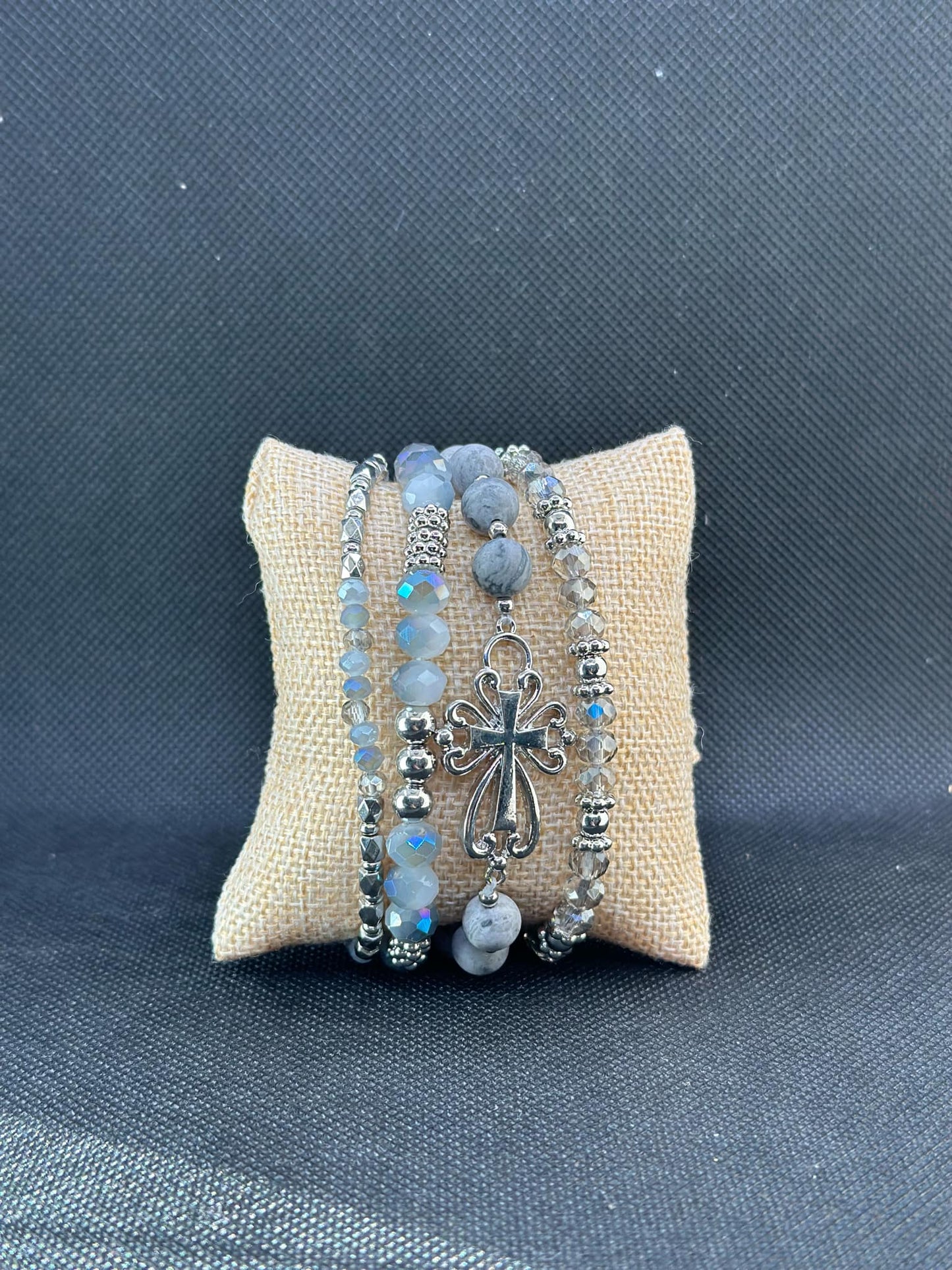 KK Decorative Stone and Grey Beaded Cross Bracelet Set