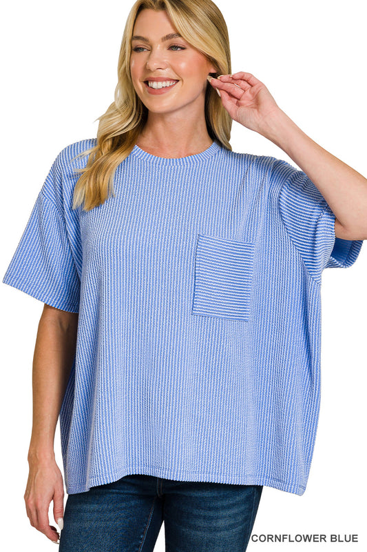 Women’s Ribbed Cornflower Blue Pocket Top
