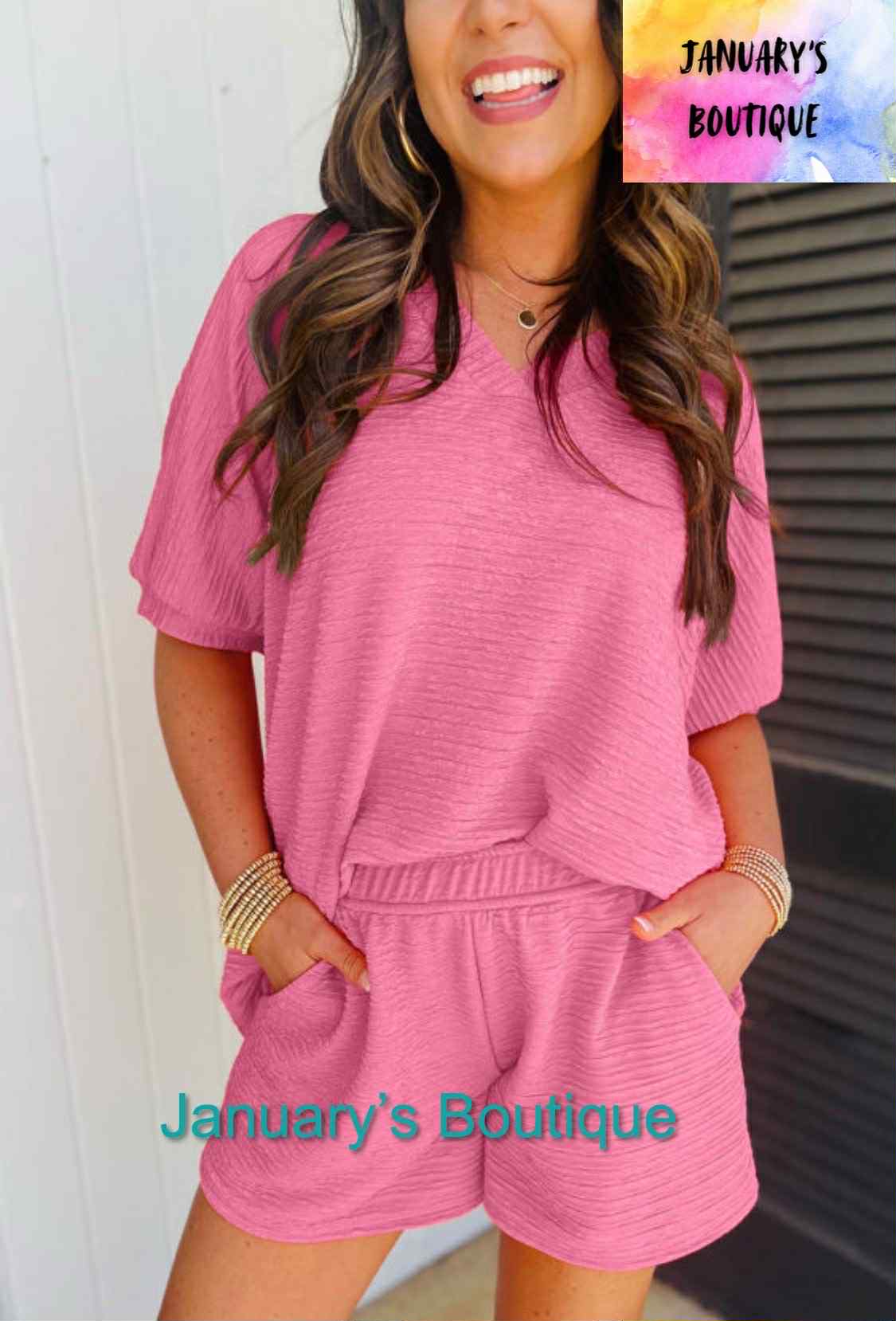 Women's Pink Textured V Neck Shorts Set