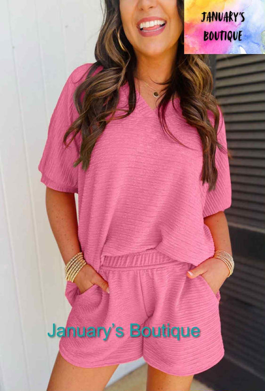 Women's Pink Textured V Neck Shorts Set