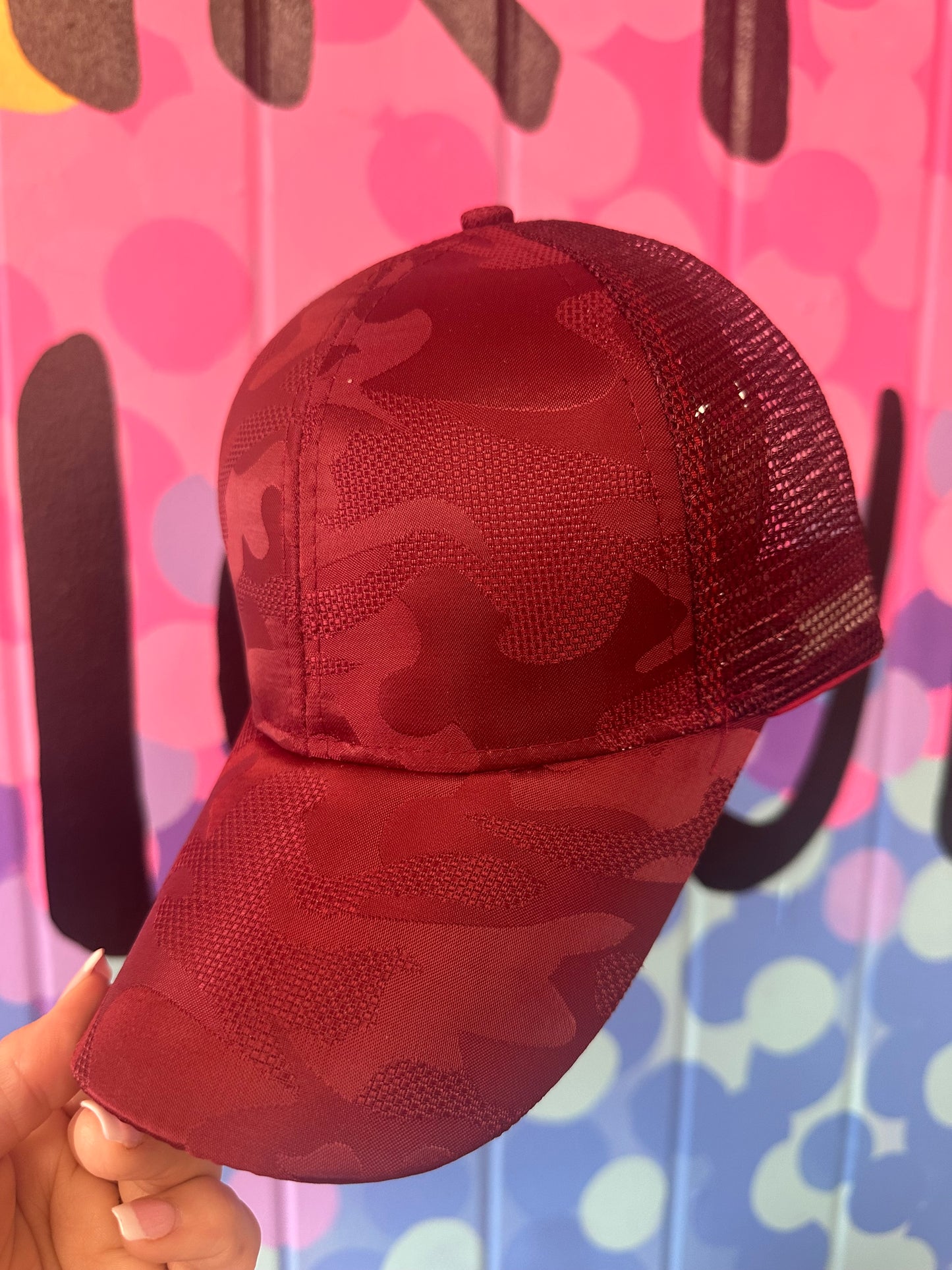 Women’s Burgundy Camo Ponytail Hat