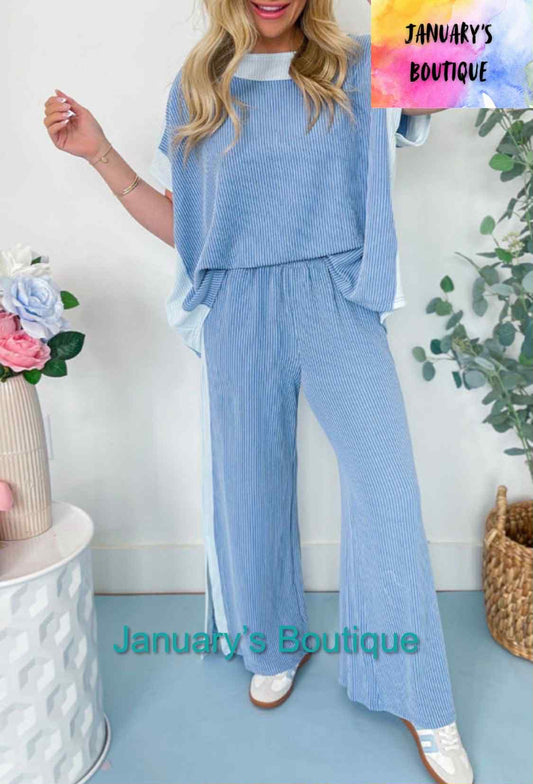 Women's Sky Blue Two-toned Ribbed Pants Set