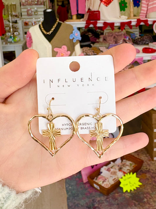 Gold Heart Cross Earrings