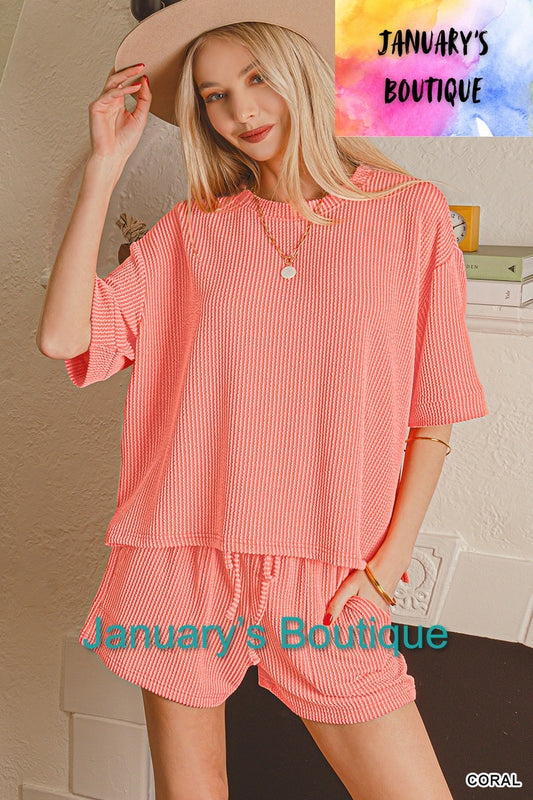Women’s Coral Ribbed Shorts Set