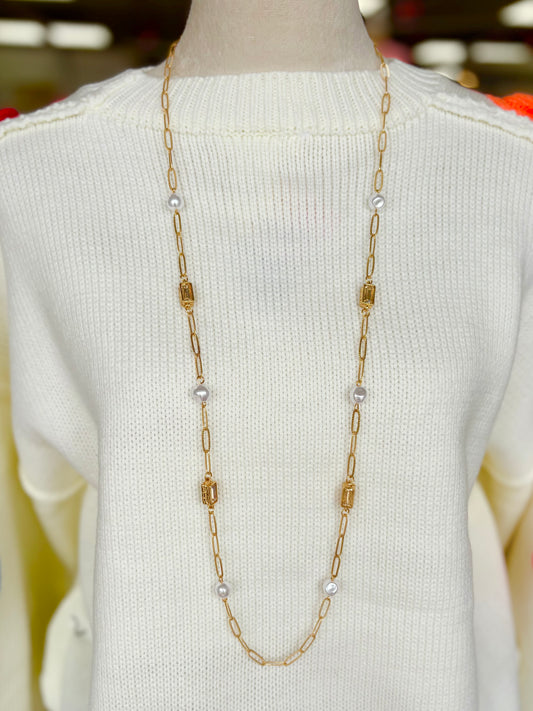 KK Gold Pearl & Stone Chain Necklace