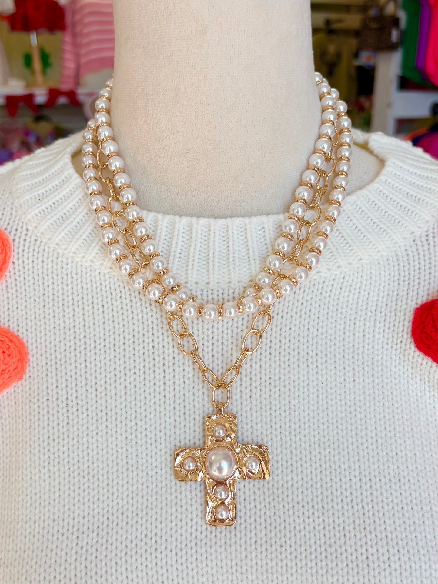 3 Layered Pearl Cross Necklace Set