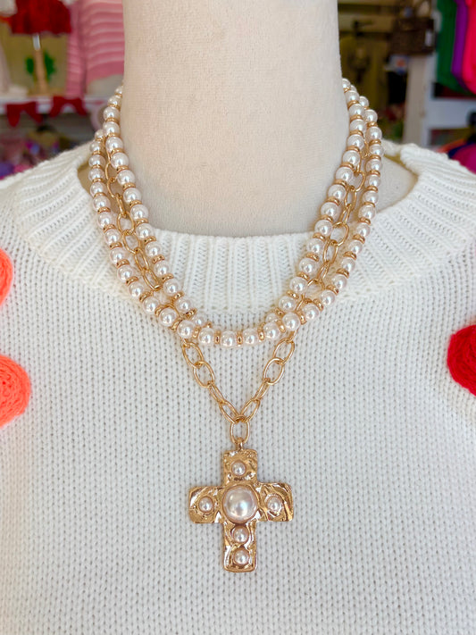 3 Layered Pearl Cross Necklace Set