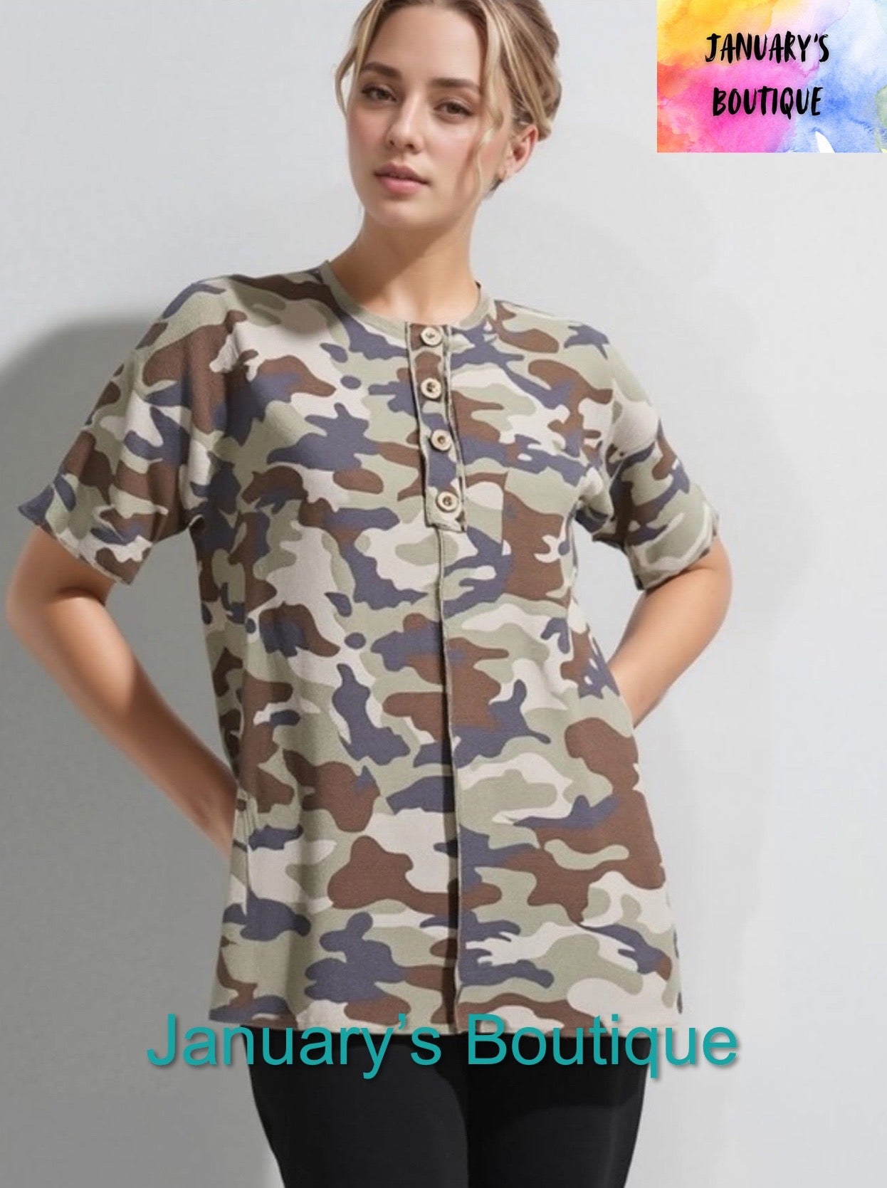 Women’s Plus Short Sleeve Camo Top