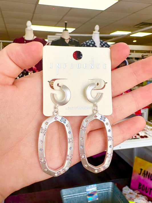 Matte Silver Multi Rhinestone Drop Earrings