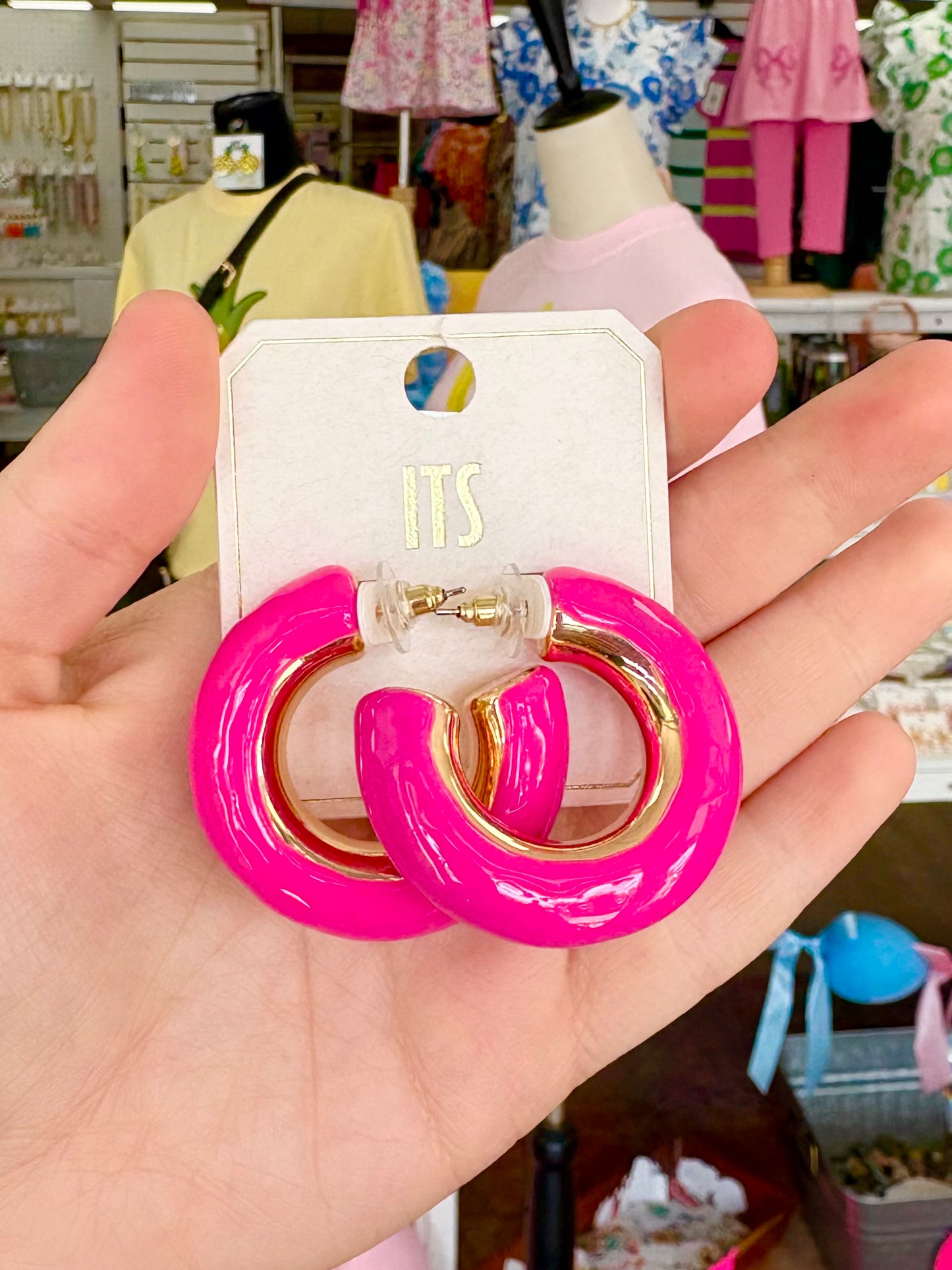Gold Hot Pink Puffy Hoops