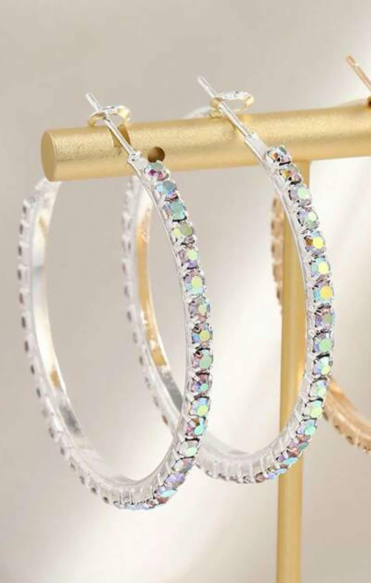 KK 1.75 Inch Silver Iridescent Rhinestone Hoops