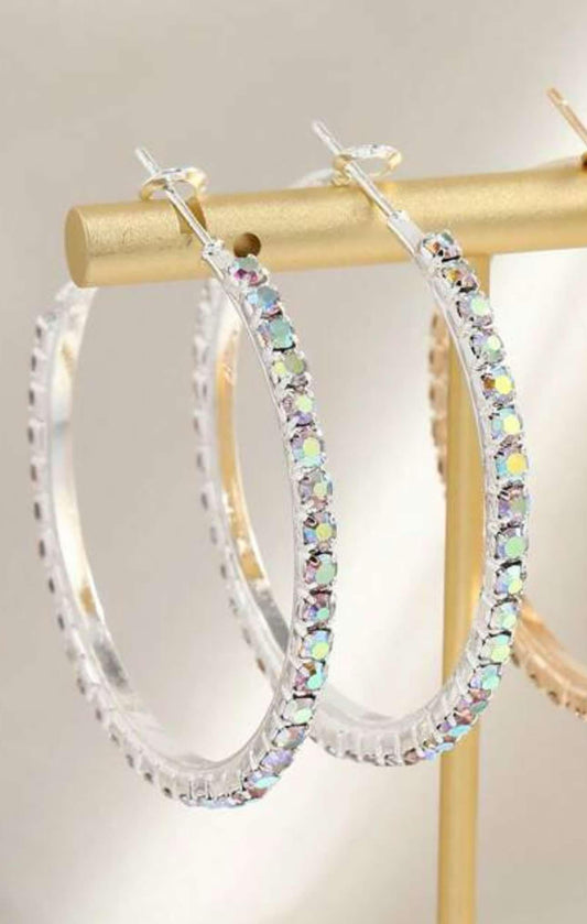 KK 1.75 Inch Silver Iridescent Rhinestone Hoops