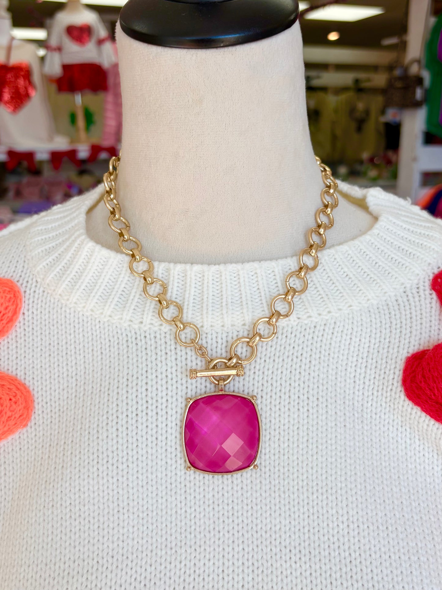 Large Pink Square Stone Necklace