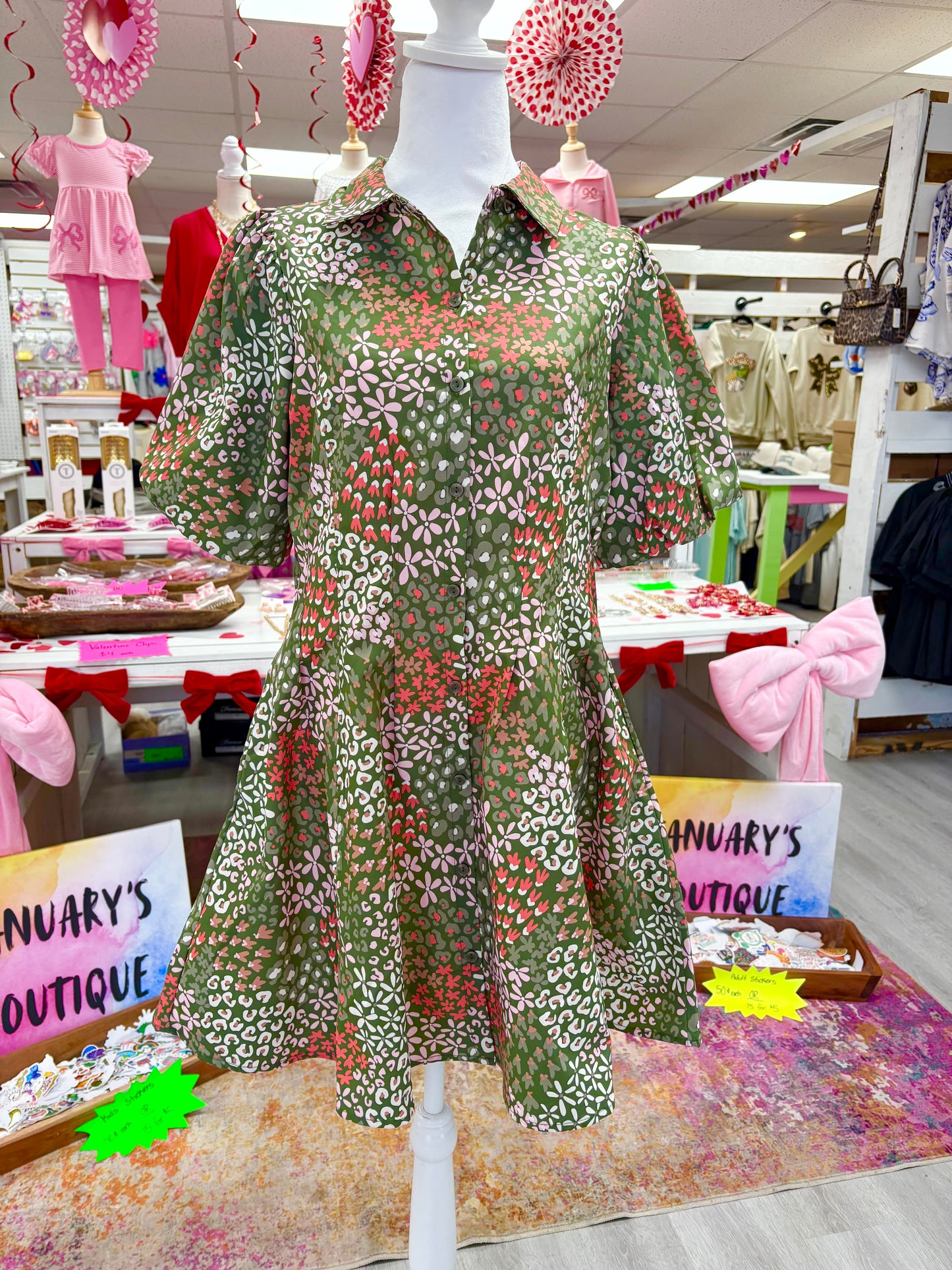 Green & Multi Button Down Short Dress