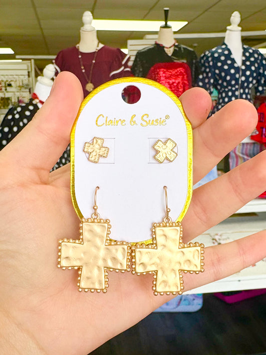 Matte Gold Textured Cross Dangle & Stud Set
