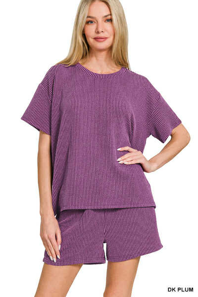 Women's Dark Plum Ribbed Shorts Set