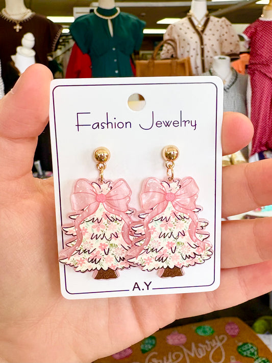 KK Christmas Pink Bow Tree Earrings