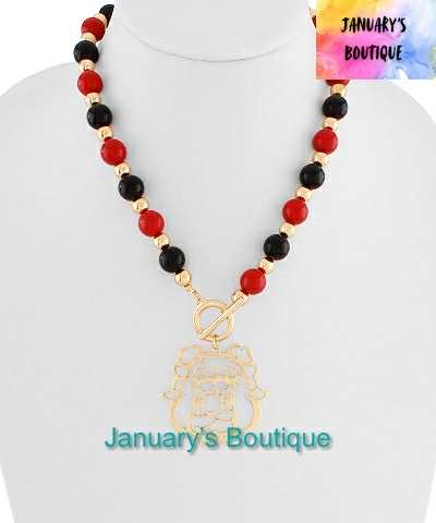 Red & Black Acrylic Beaded Ga Bulldog Necklace