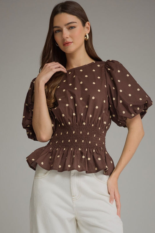 Women’s Entro Polka Dot Brown Cinched Waist Top