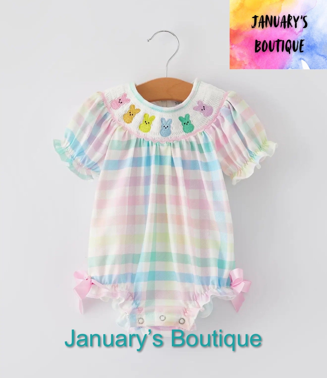 Girl’s Easter Bunny Embroidery Plaid Romper