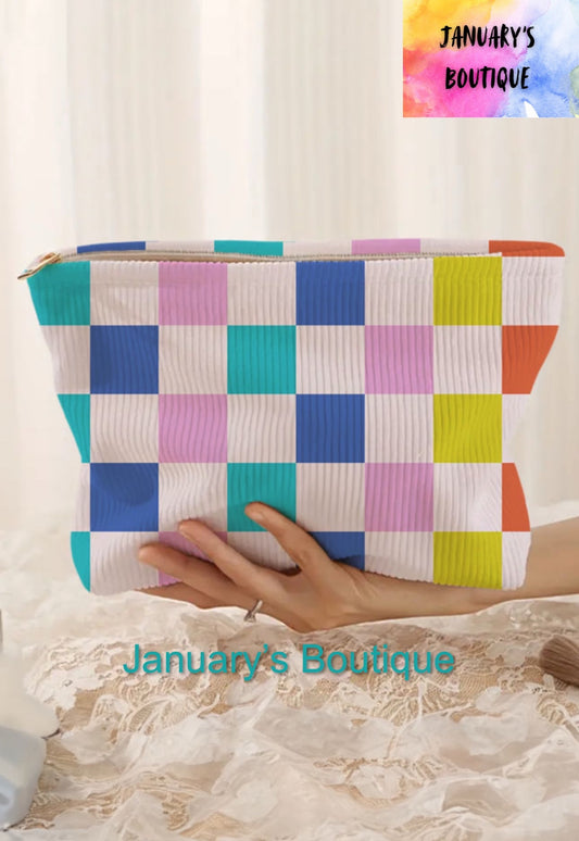 Multicolor Checked Cosmetic Bag