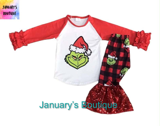 Girl’s Gr*nch Ruffle & Sequins Set