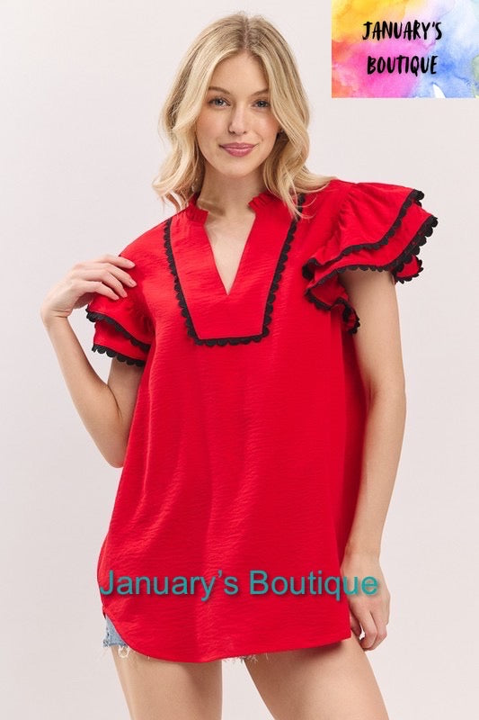 Women’s Red & Black Ruffled Ric Rac Top