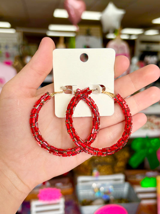 Red Rhinestone Hoops