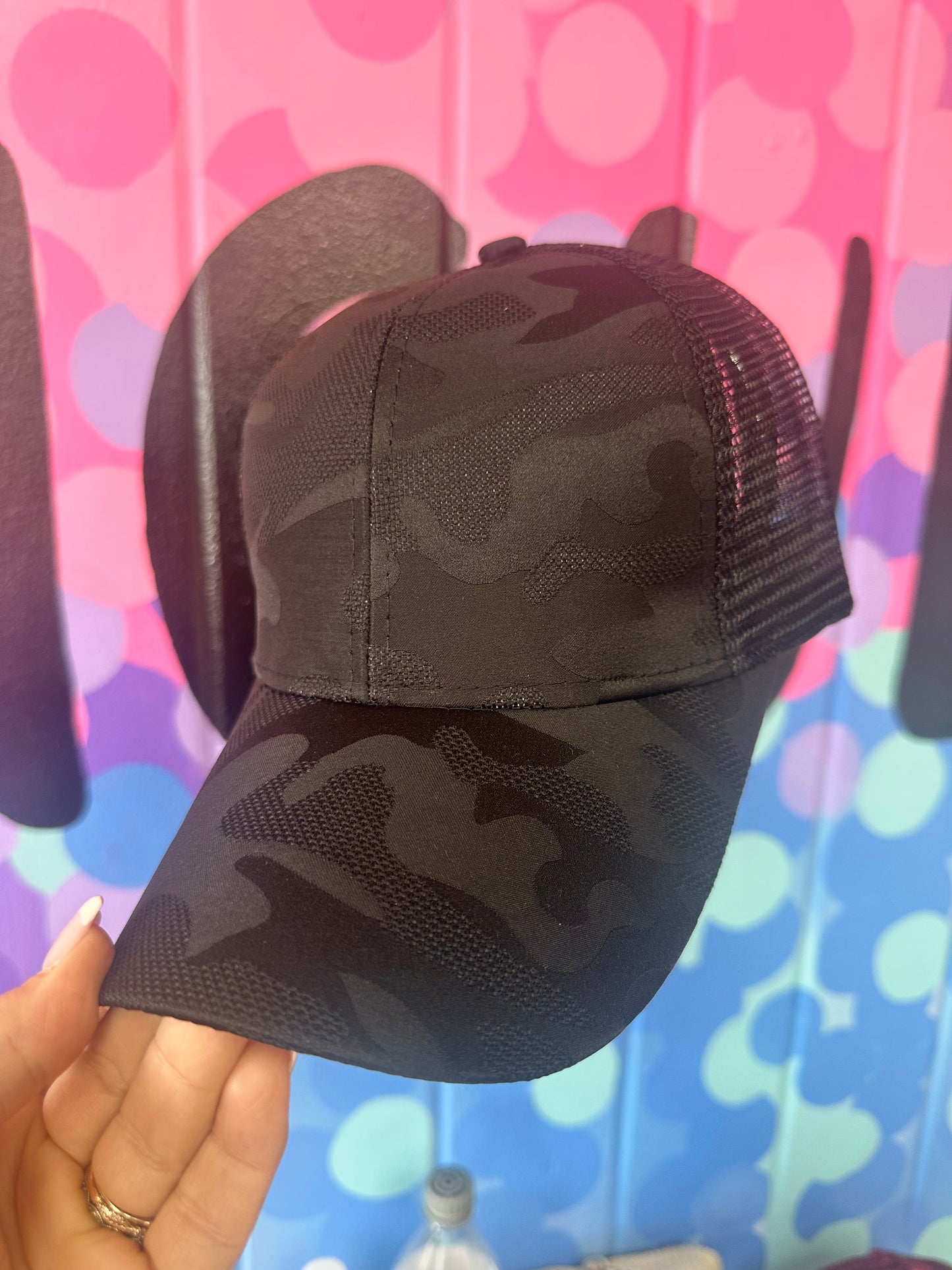 Women’s Black Camo Ponytail Hat