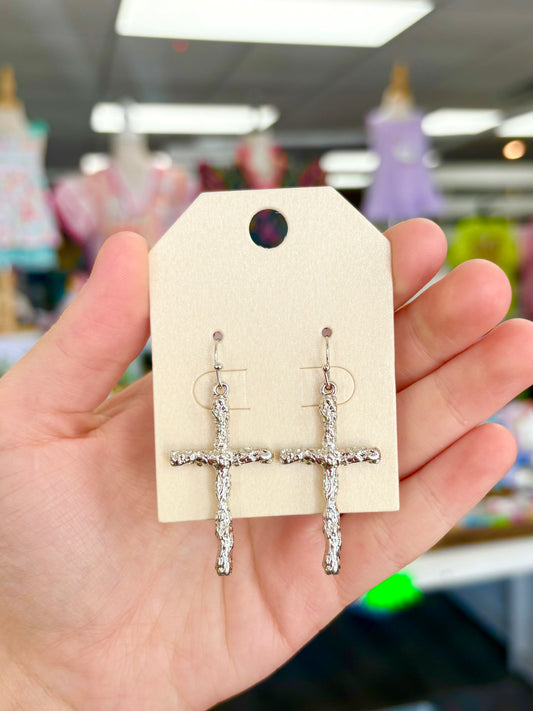 KK Thin Silver Hammered Cross Earrings