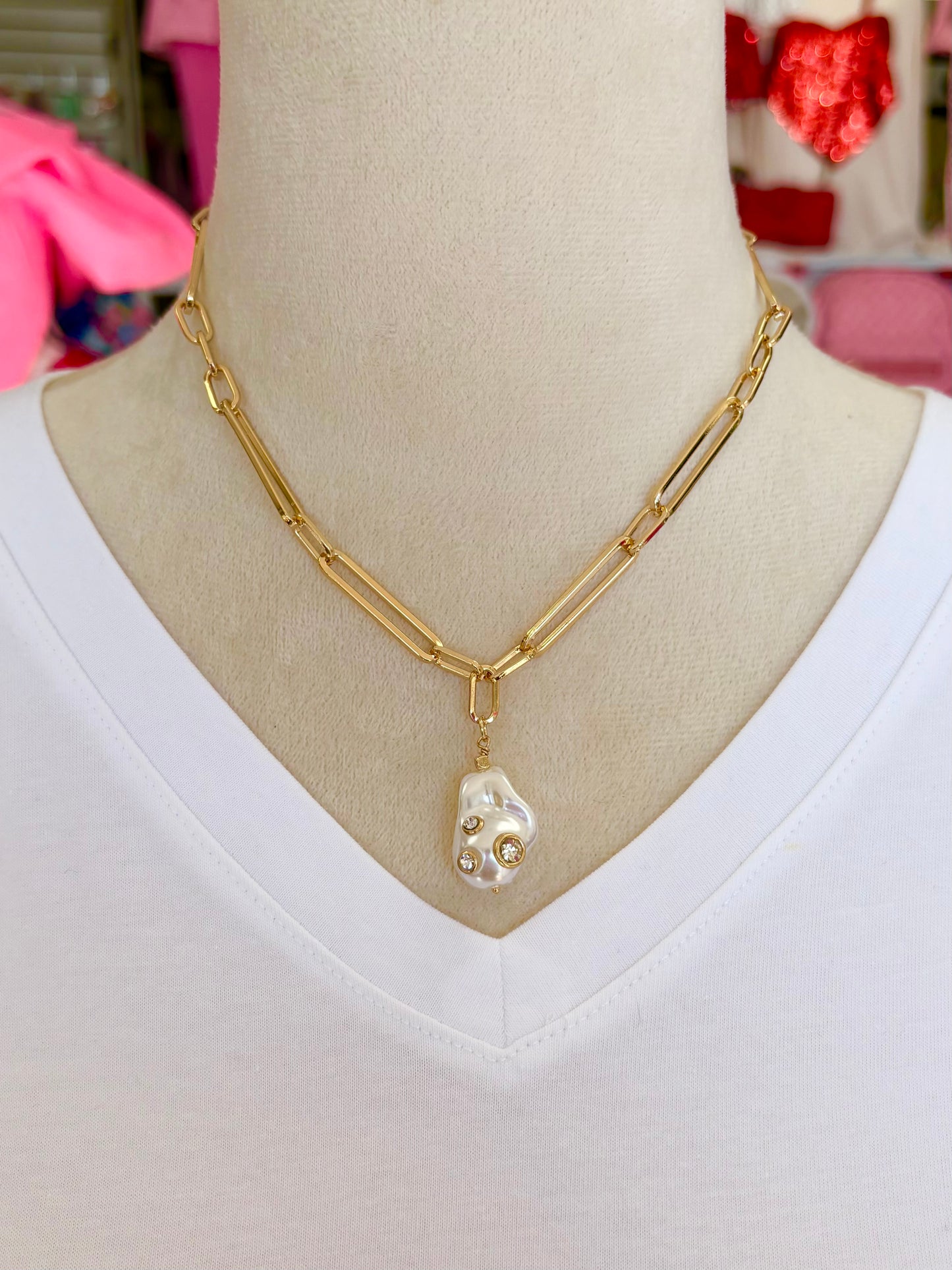 KK Pearl Pendant Paper Clip Chain Necklace