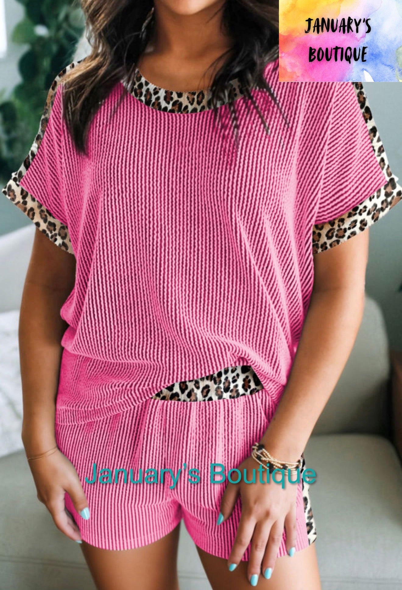 Women’s Pink Ribbed Leopard Shorts Set