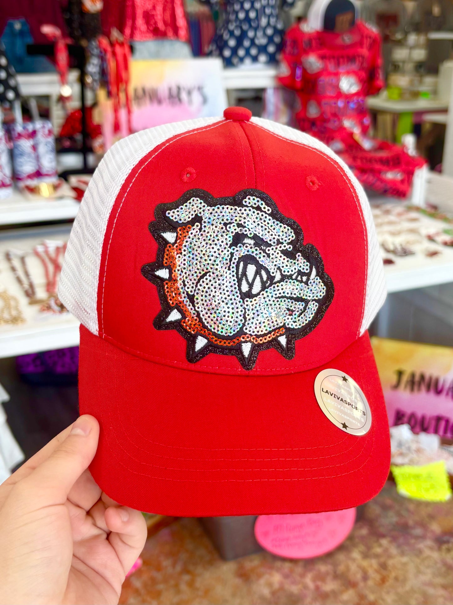 Women’s Red Sequin Bulldog Patch Hat
