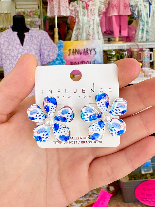 KK Blue Watercolor Flower W/ Pearl Earrings